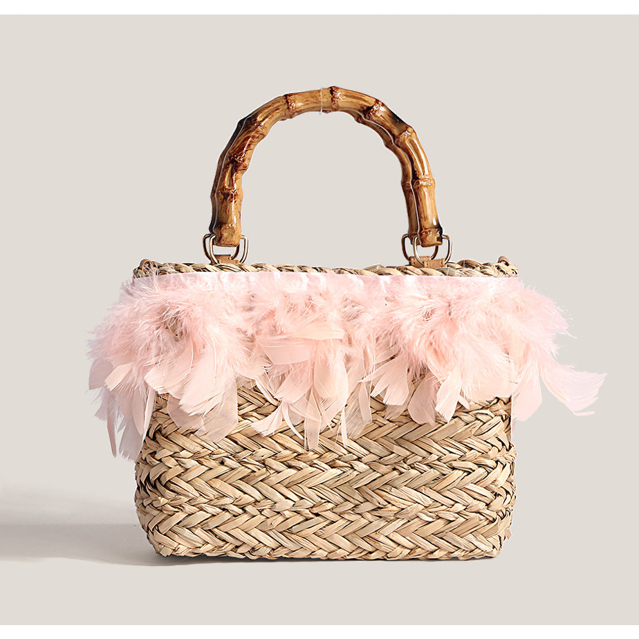 Feather Straw Braided Tote Bag HB2571