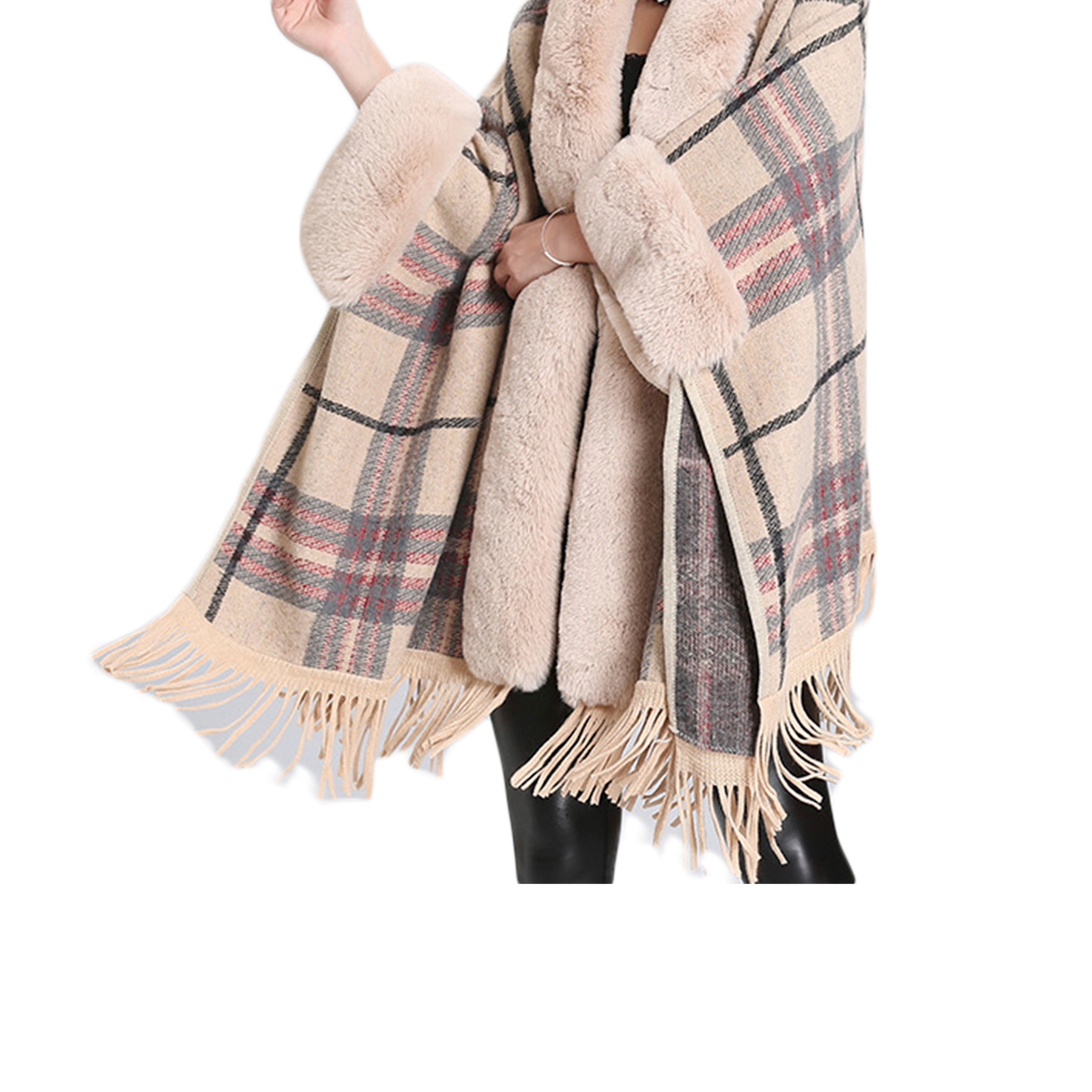 Fur Collar Check Hooded Cape S0140