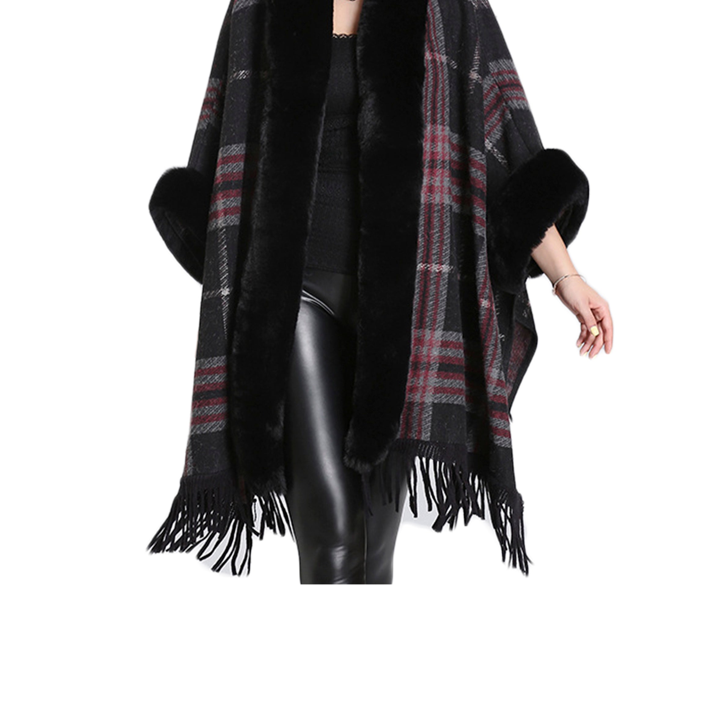 Fur Collar Check Hooded Cape S0140