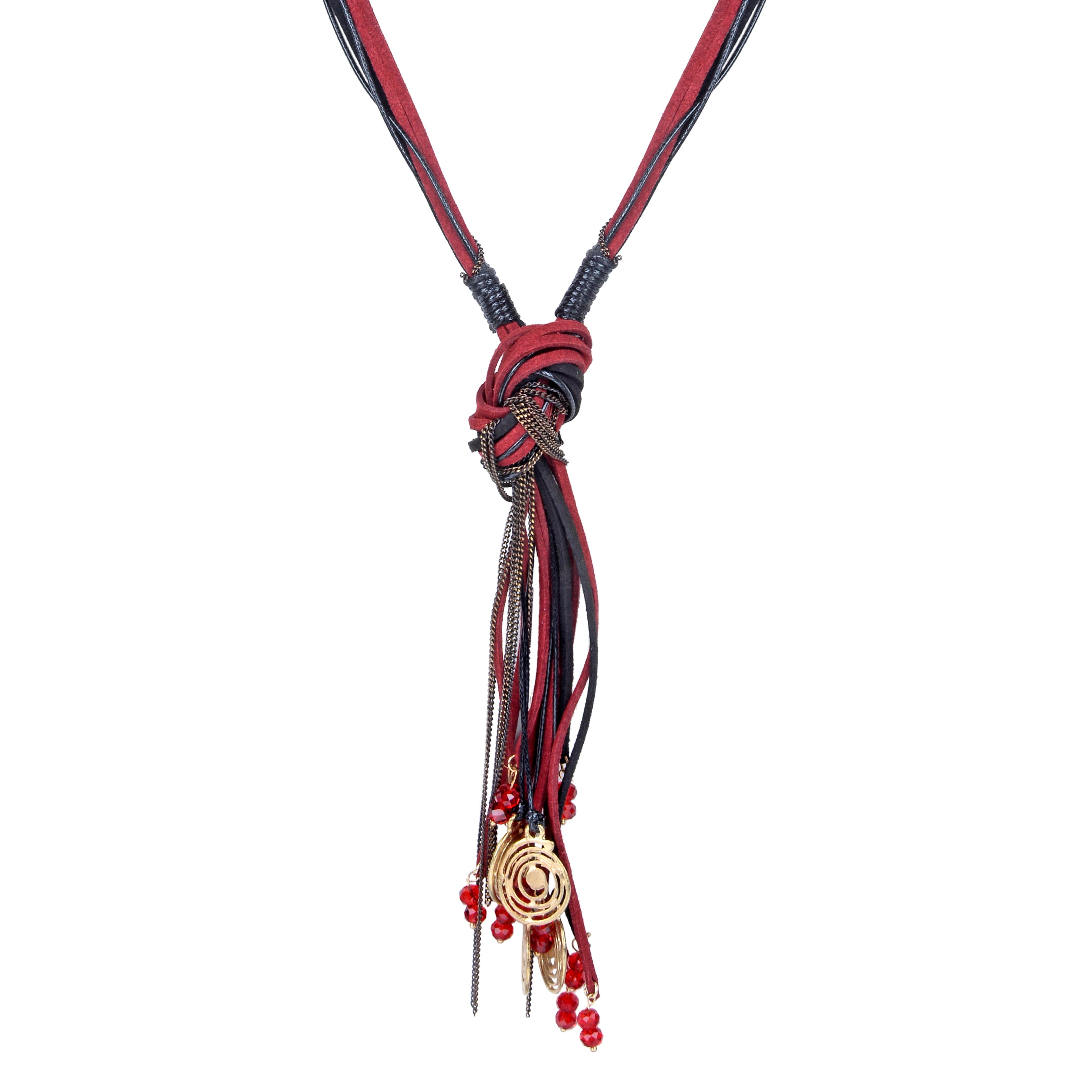Red Leatherette Metal Crystal Tassel  Necklace N3118